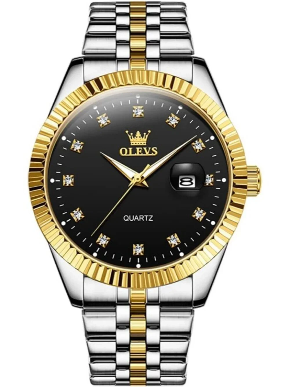 Olevs Mens Silver Gold Luxury Black Dimond Dot Face Analog Quartz Luminous Watch